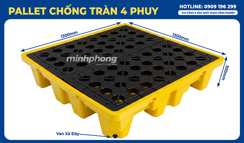 Pallet chống tràn 4 phuy cao pallet chống tràn 4 phuy cao 1300x1300x300mm
